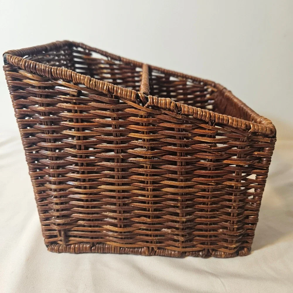 Vintage Brown Wicker Desk Organizer 2-Compartment Woven Mail Sort Basket Rustic